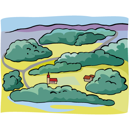 Blick von oben auf eine Landschaft mit Baumgruppen und Wiesen